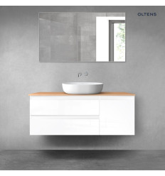 Zestaw mebli łazienkowych 120 cm z blatem biały połysk/dąb Vernal Oltens (68211000)