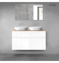 Zestaw mebli łazienkowych 120 cm z blatem biały połysk/dąb Vernal Oltens (68301000)