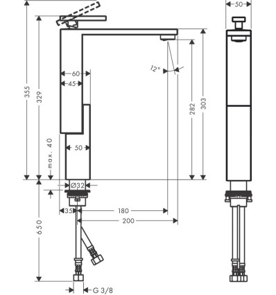 Jednouchwytowa bateria umywalkowa 280 do umywalek nablatowych z kompletem odpływowym Push-Open, szlif AXOR Edge Axor (46031330)