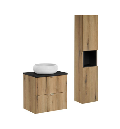 Zestaw meblowy 60cm z blatem, umywalką nablatową Wiki i szafką wysoką Nova Oak Comad (SET-NOA B BLACK 60CM S UN WIKI SW HC)