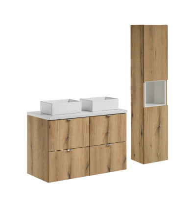 Zestaw meblowy 100cm z blatem, 2 umywalkami Gaja i szafką wysoką Nova Oak Comad (SET-NOA B WHITE 100CM S UN GAJA SW HC)