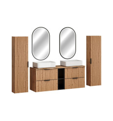 Zestaw meblowy 140 z blatem, umywalkami, szafkami wysokimi i lustrami LED Adel Oak Comad (SET-ADO B NAT WOTAN 140CM UN MAGIC HC)