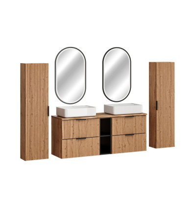 Zestaw meblowy 140 z blatem, umywalkami, szafkami wysokimi i lustrami LED Adel Oak Comad (SET-ADO B NAT WOTAN 140CM UN MAGIC HC)