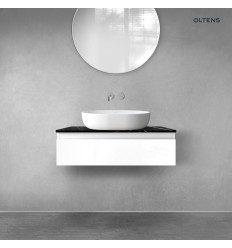 Zestaw szafka 80 cm podumywalkowa wisząca z blatem Tera biały połysk/czarny marmur Vernal Oltens (68715000)